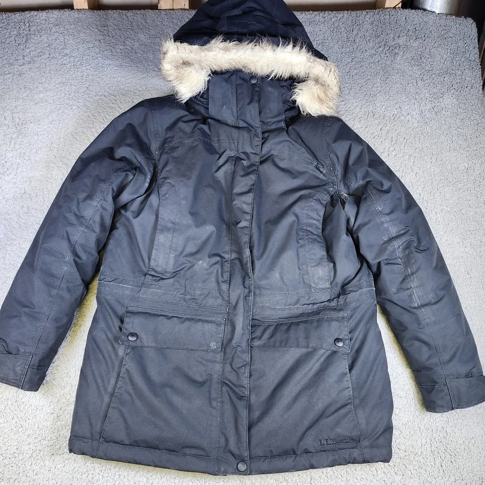 LL Bean Baxter State Parka Jacket Womens Medium Blue Hooded Faux Fur Trim Winter